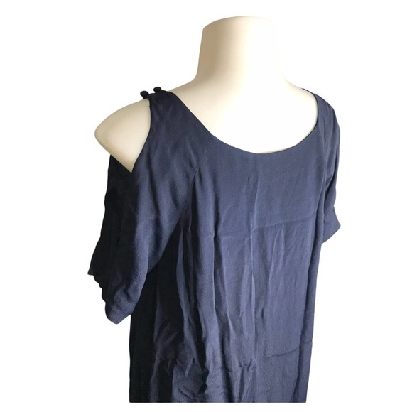 Maple | Navy Blue Shift Dress Cold Shoulder w/ Button Detail Short Sleeves - Picture 5 of 7